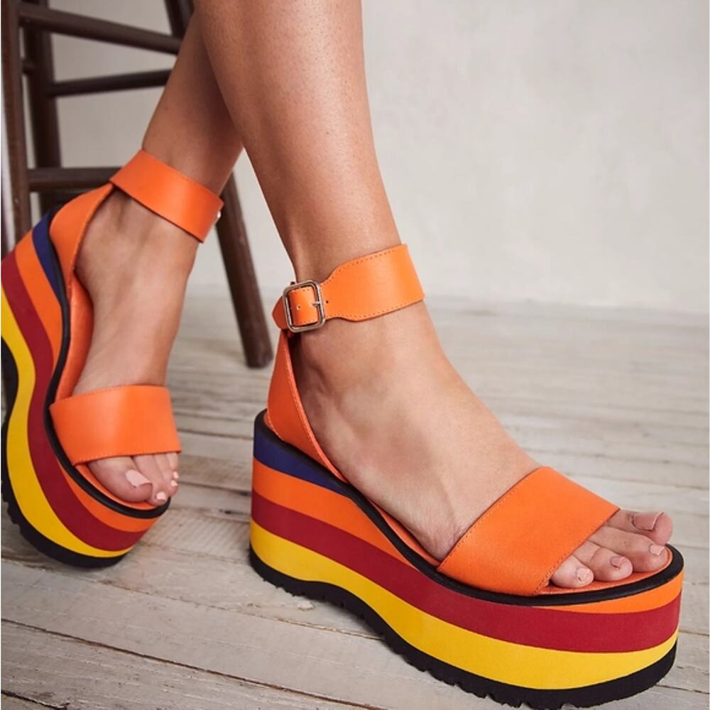 Free People Orange Multicolor Platform Sandals